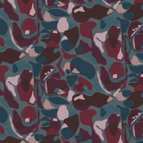 Detail of fabric in a painterly abstract print in shades of turquoise, purple and pink.