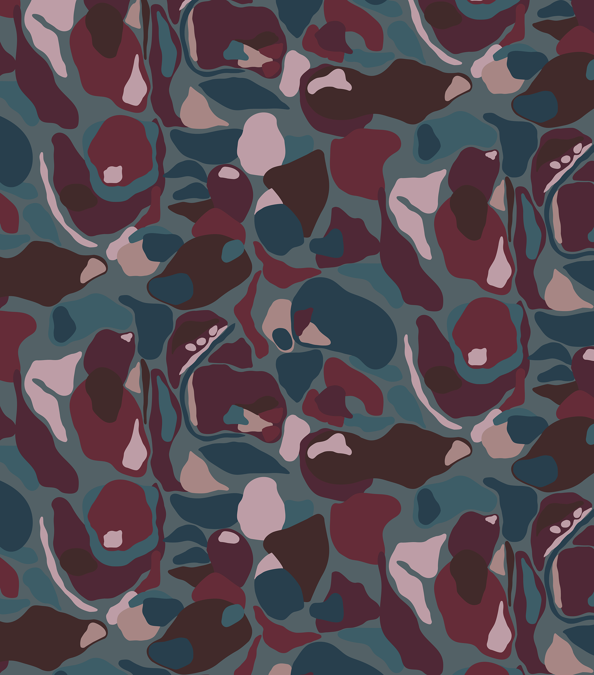 Detail of fabric in a painterly abstract print in shades of turquoise, purple and pink.