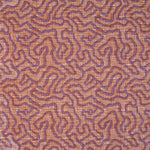 Printed fabric in a meandering hand drawn line pattern in purple on an orange field. 