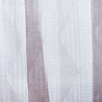 Close-up sheer linen fabric swatch in a horizontal stripe pattern broken with triangluar shapes, in shades of white.