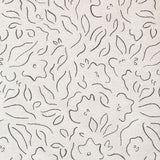 Detail of fabric in a minimalist floral print in charcoal on a cream field.