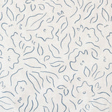 Detail of fabric in a minimalist floral print in navy on a cream field.