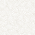 Detail of wallpaper in a scalloped dot print in tan on a white field.