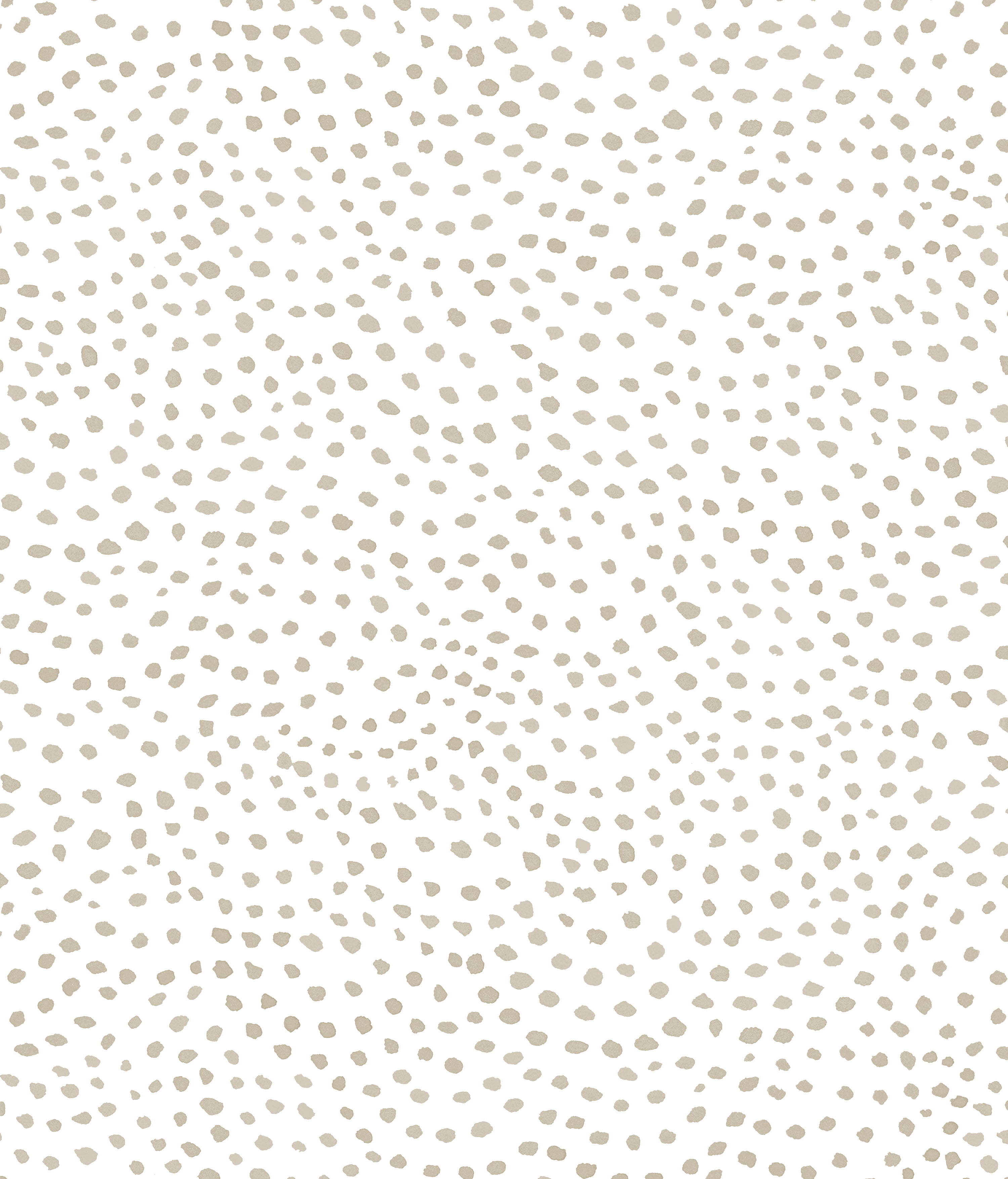 Detail of wallpaper in a scalloped dot print in tan on a white field.