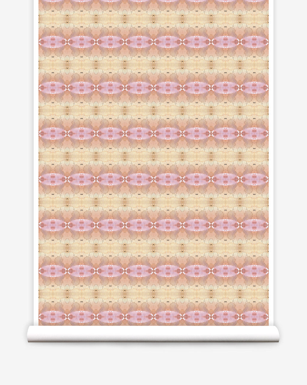 Partially unrolled wallpaper yardage in a gridded paint splatter print in shades of pink, orange, yellow and white.