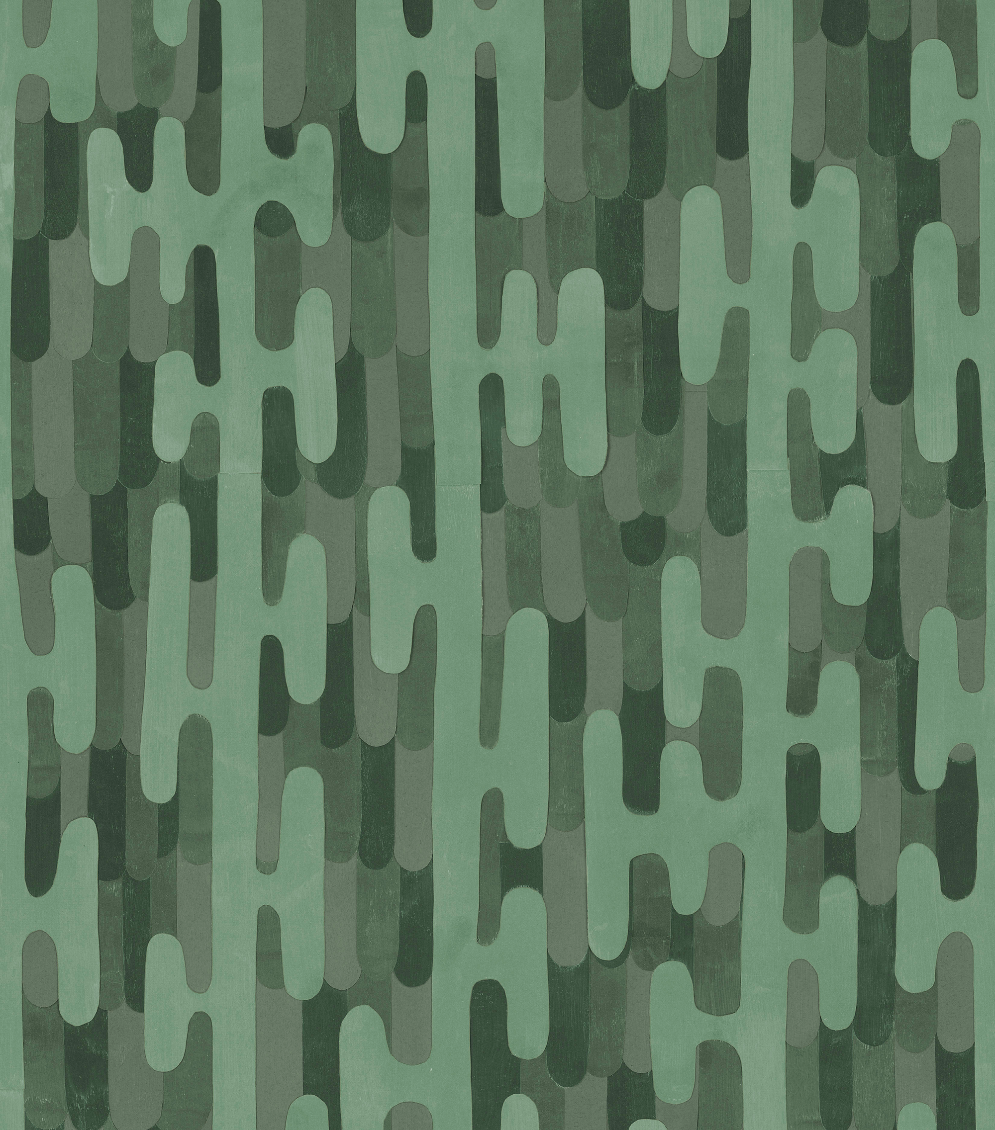 Detail of fabric in an overlapping curvilinear stripe in shades of green.