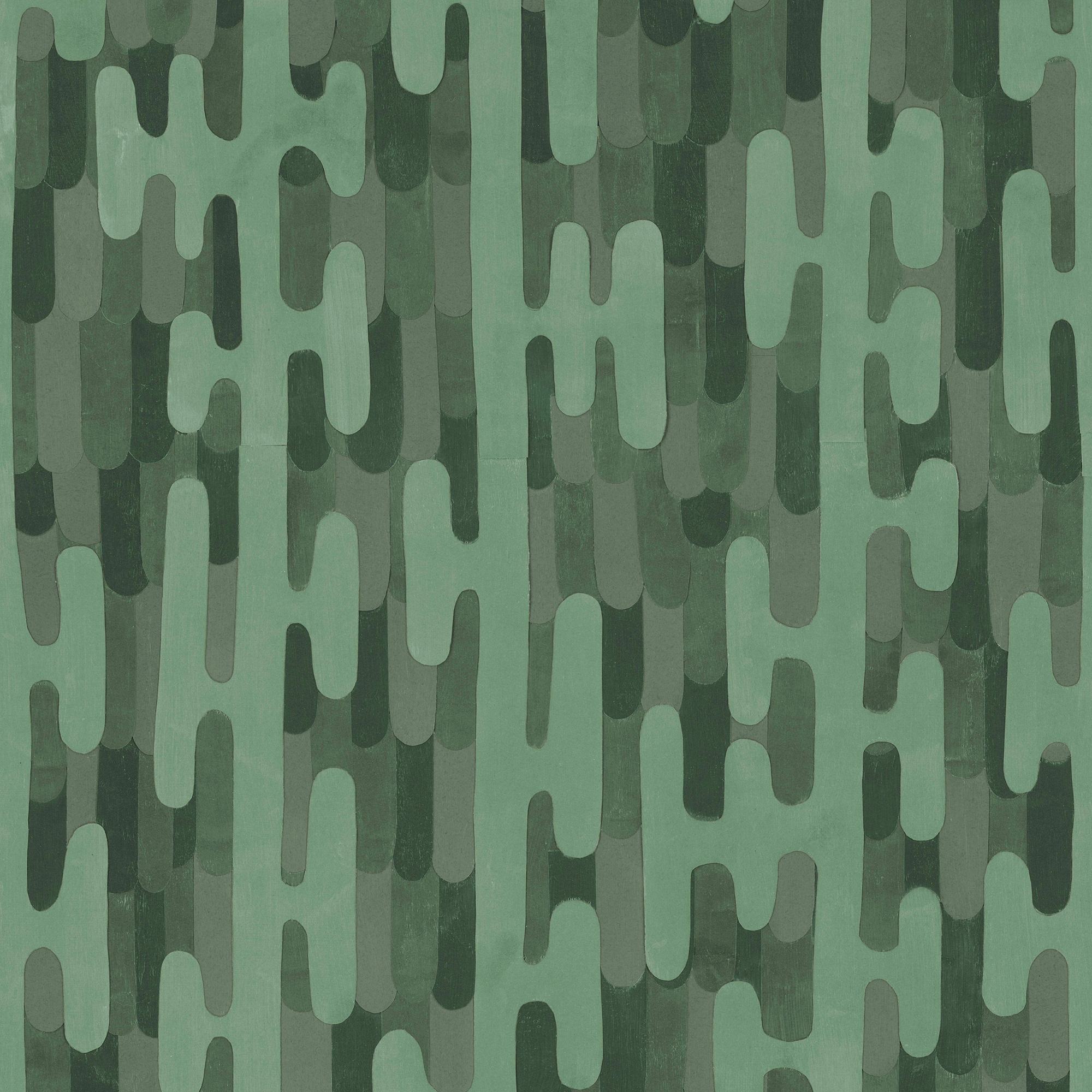 Detail of wallpaper in an overlapping curvilinear stripe in shades of green.