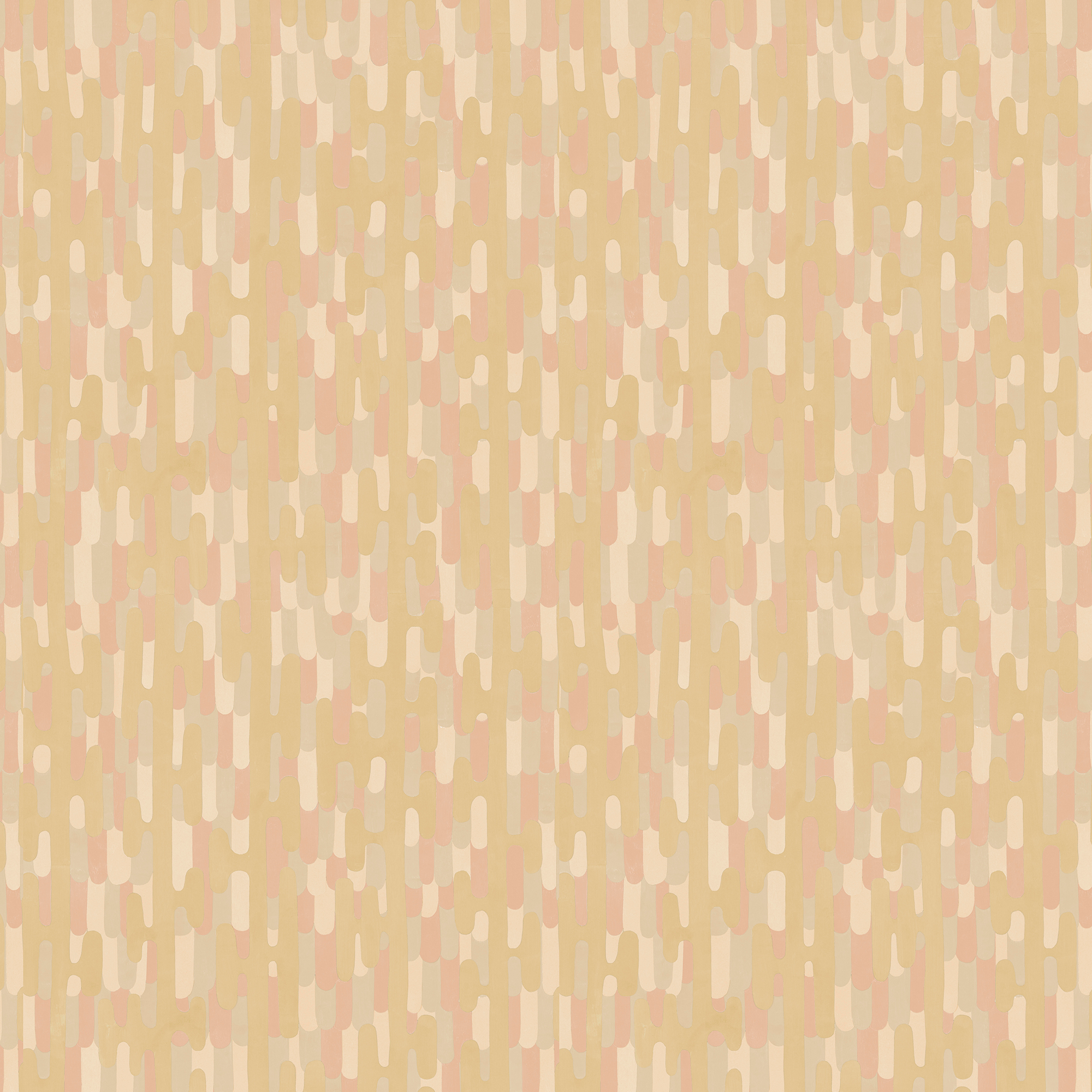 Scaled-out view of fabric in an overlapping curvilinear stripe in shades of pink and yellow.