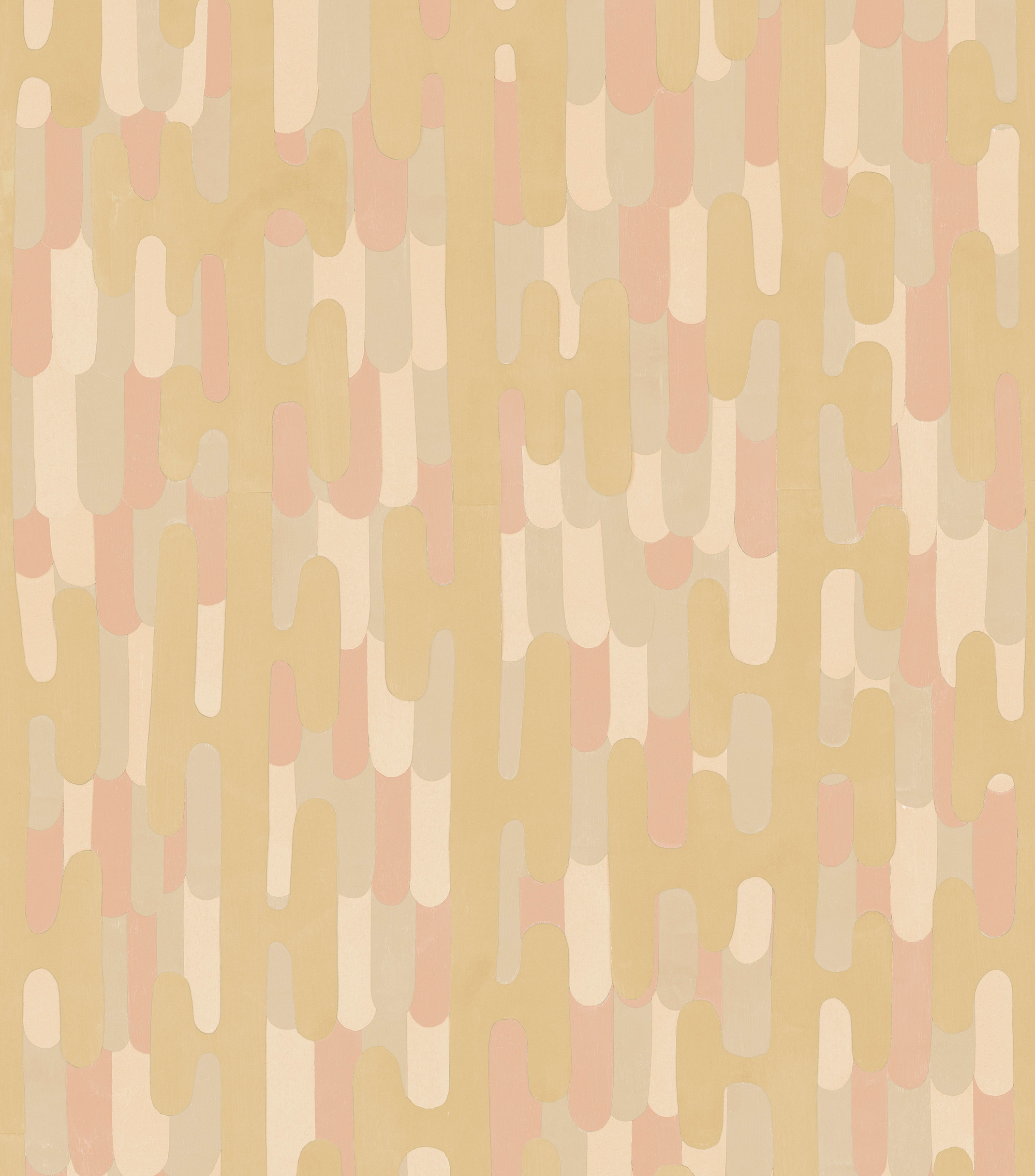 Detail of fabric in an overlapping curvilinear stripe in shades of pink and yellow.