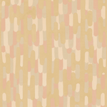 Detail of wallpaper in an overlapping curvilinear stripe in shades of pink and yellow.