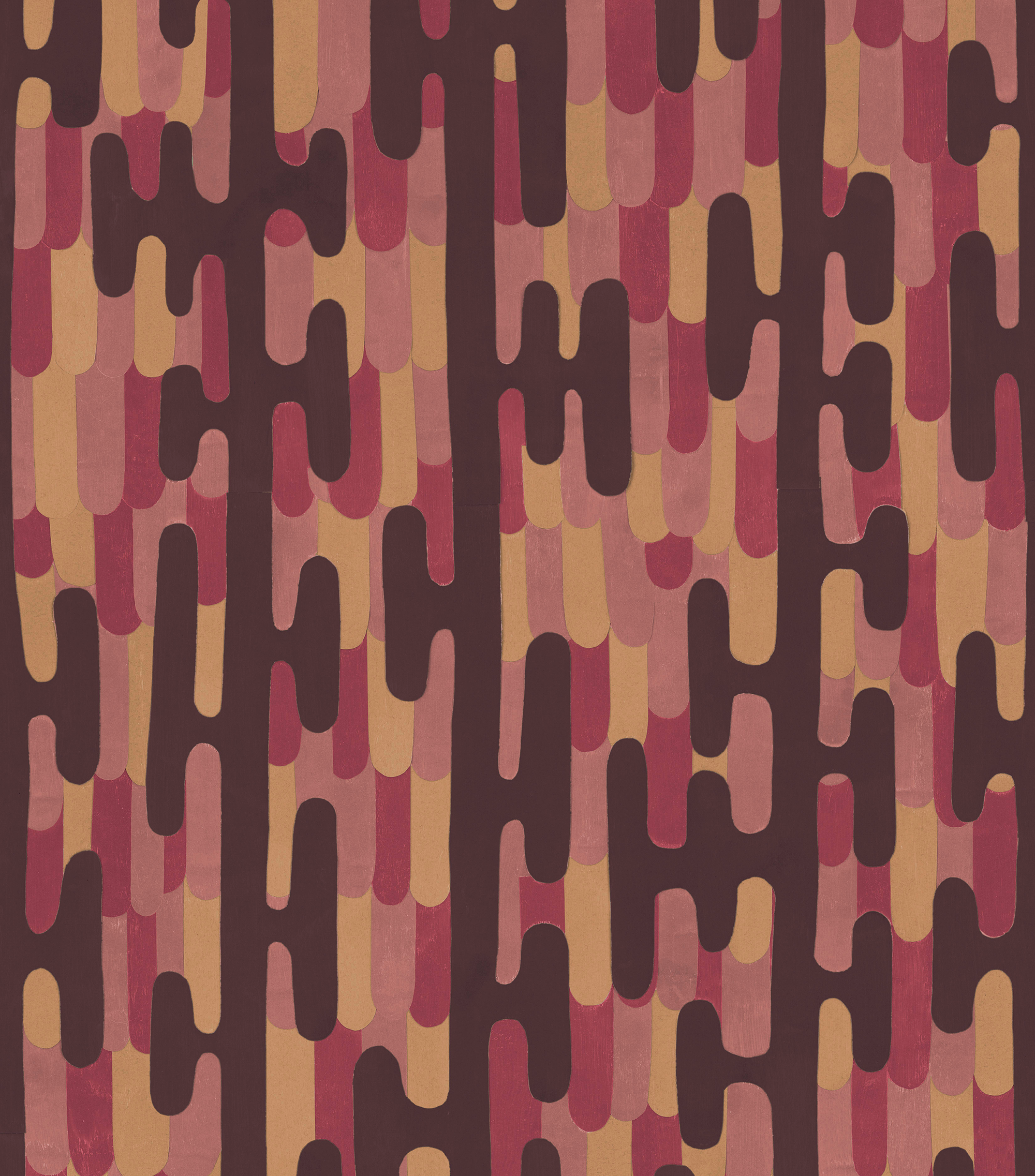 Detail of fabric in an overlapping curvilinear stripe in shades of pink, orange and brown.