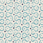 Detail of fabric in a curvilinear stripe pattern in blue and navy on a cream field.