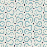 Detail of fabric in a curvilinear stripe pattern in blue and navy on a cream field.