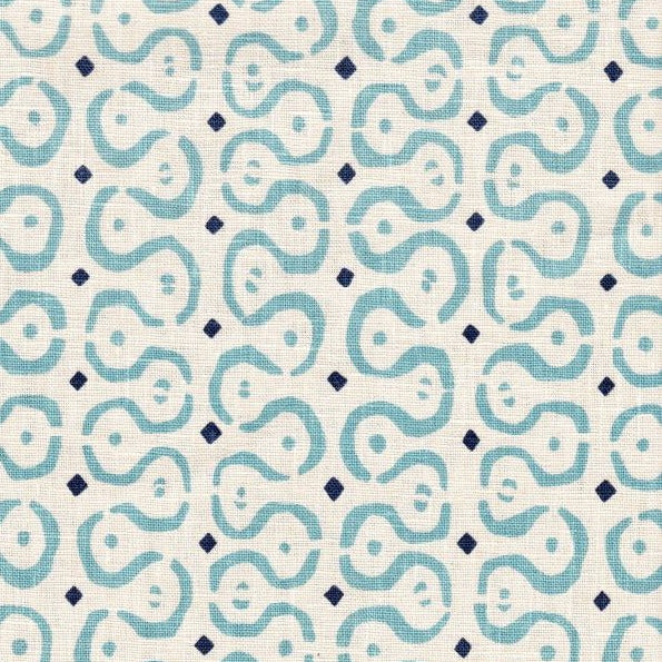 Detail of fabric in a curvilinear stripe pattern in blue and navy on a cream field.