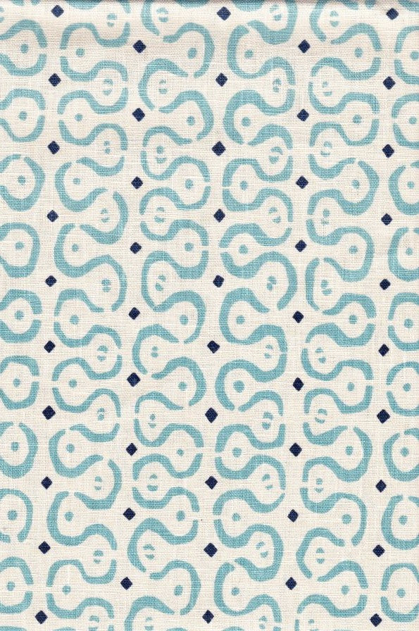 Detail of fabric in a curvilinear stripe pattern in blue and navy on a cream field.