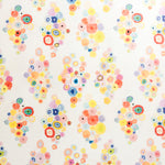 Detail of fabric in a painterly floral print in multicolor pastels on a white field.