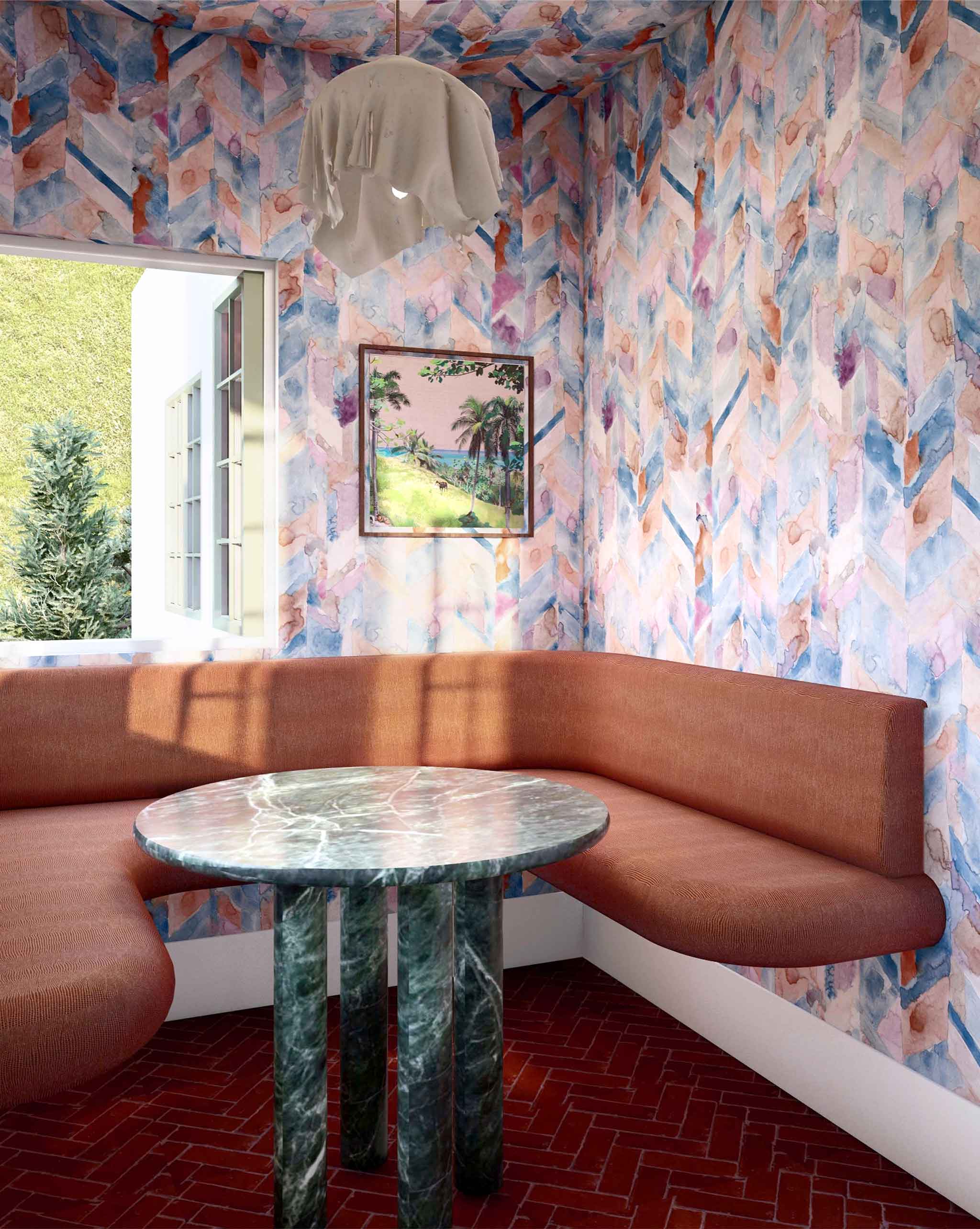 A modernist dining room with an open window and walls papered in a painterly herringbone print in blue, pink and orange.