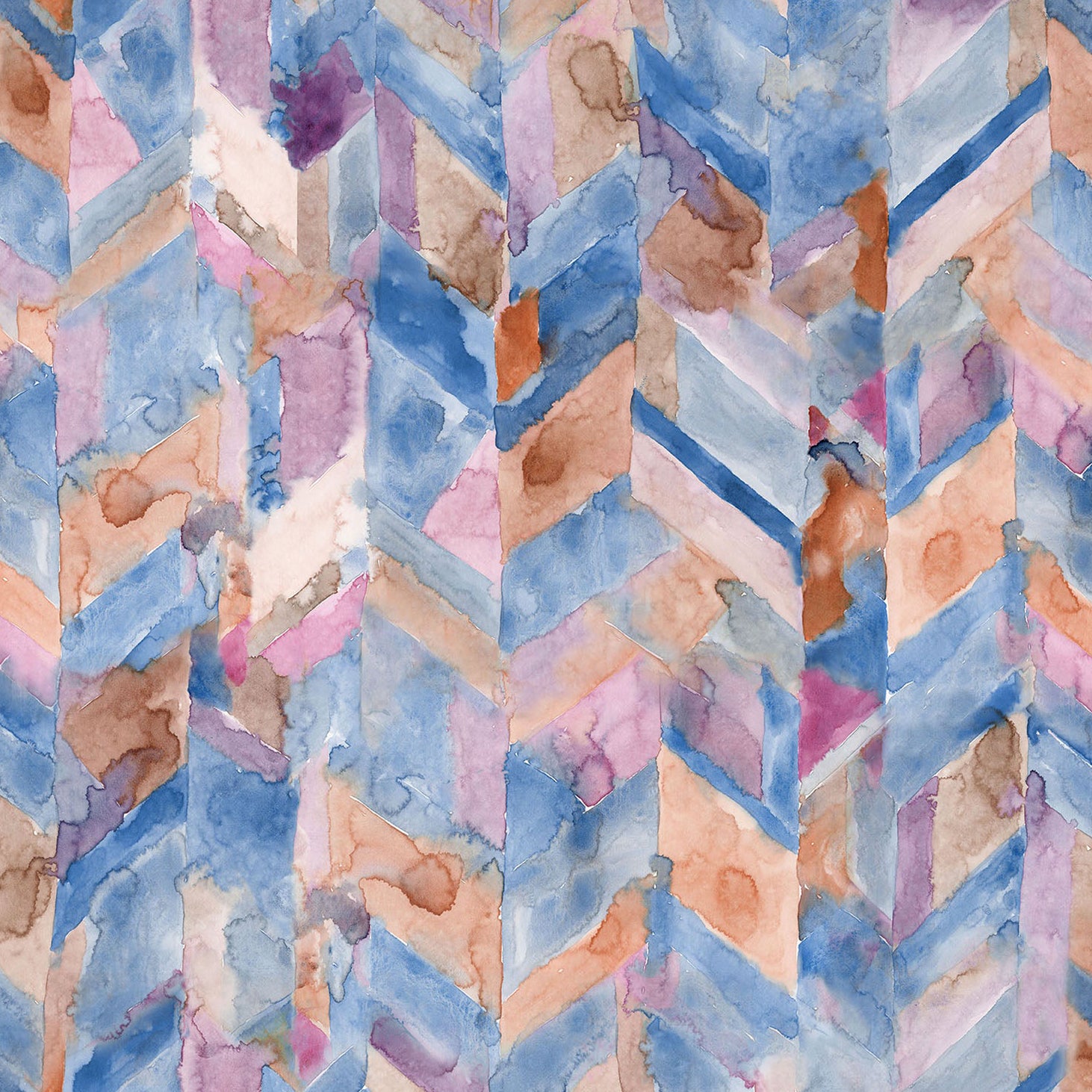 Detail of wallpaper in a painterly herringbone print in shades of blue, pink and orange.