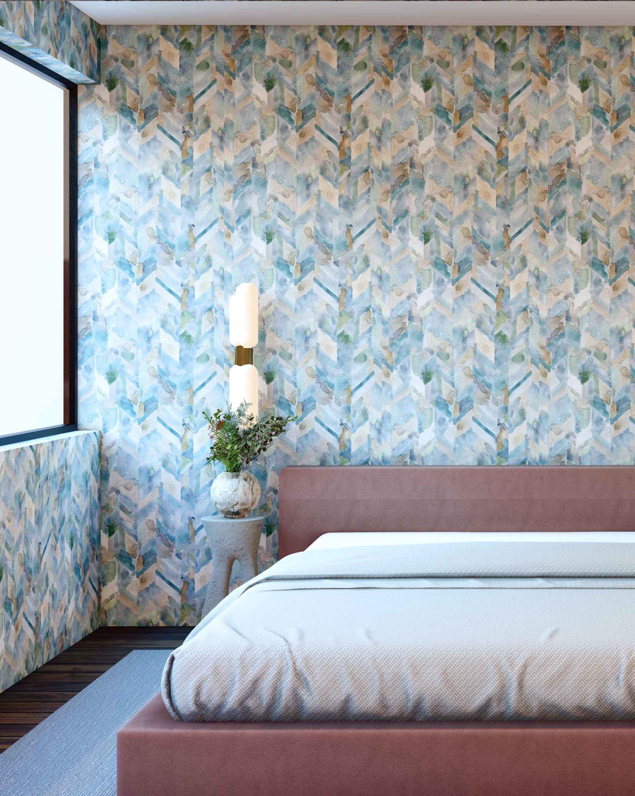 A modernist bedroom with a large window and walls papered in a painterly herringbone print in shades of blue, green and brown.