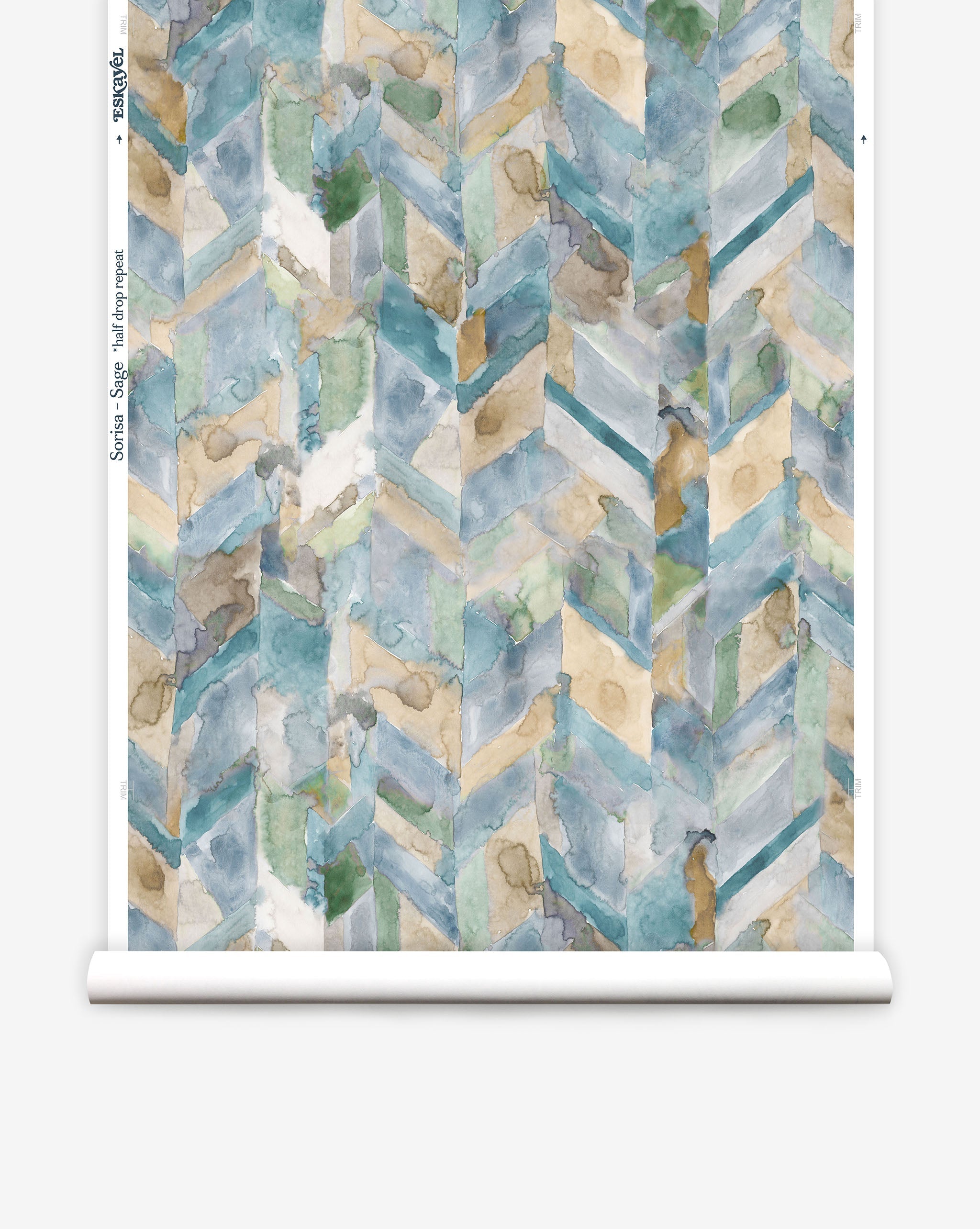 Partially unrolled wallpaper yardage in a painterly herringbone print in shades of blue, green and brown.