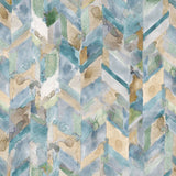 Detail of wallpaper in a painterly herringbone print in shades of blue, green and brown.