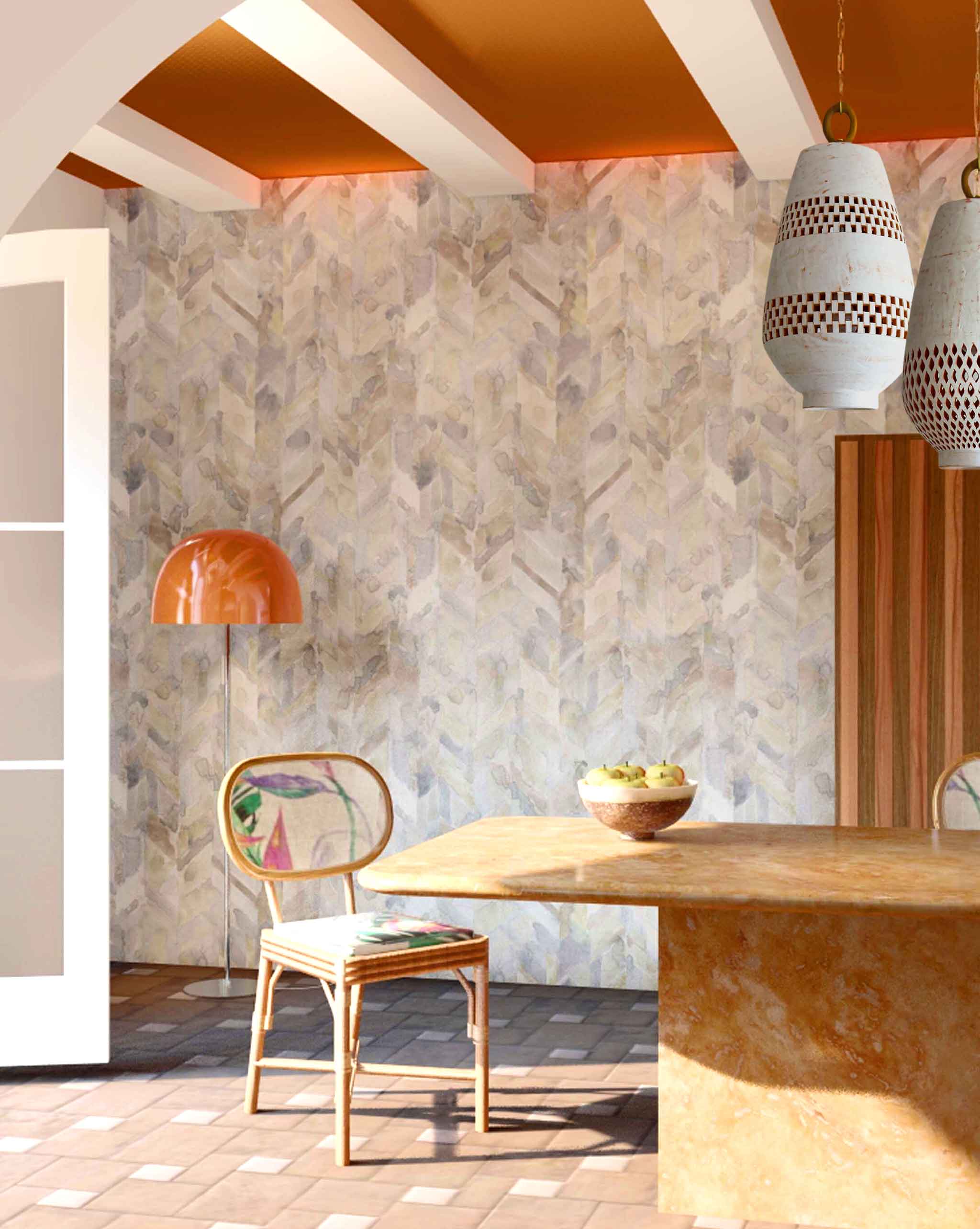 An airy modernist dining room with an accent wall papered in a painterly herringbone print in shades of gray, tan and cream.