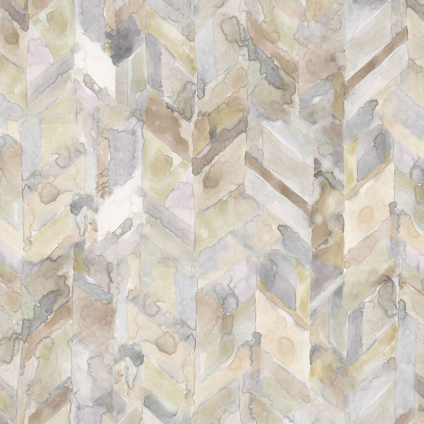 Detail of wallpaper in a painterly herringbone print in shades of gray, tan and cream.