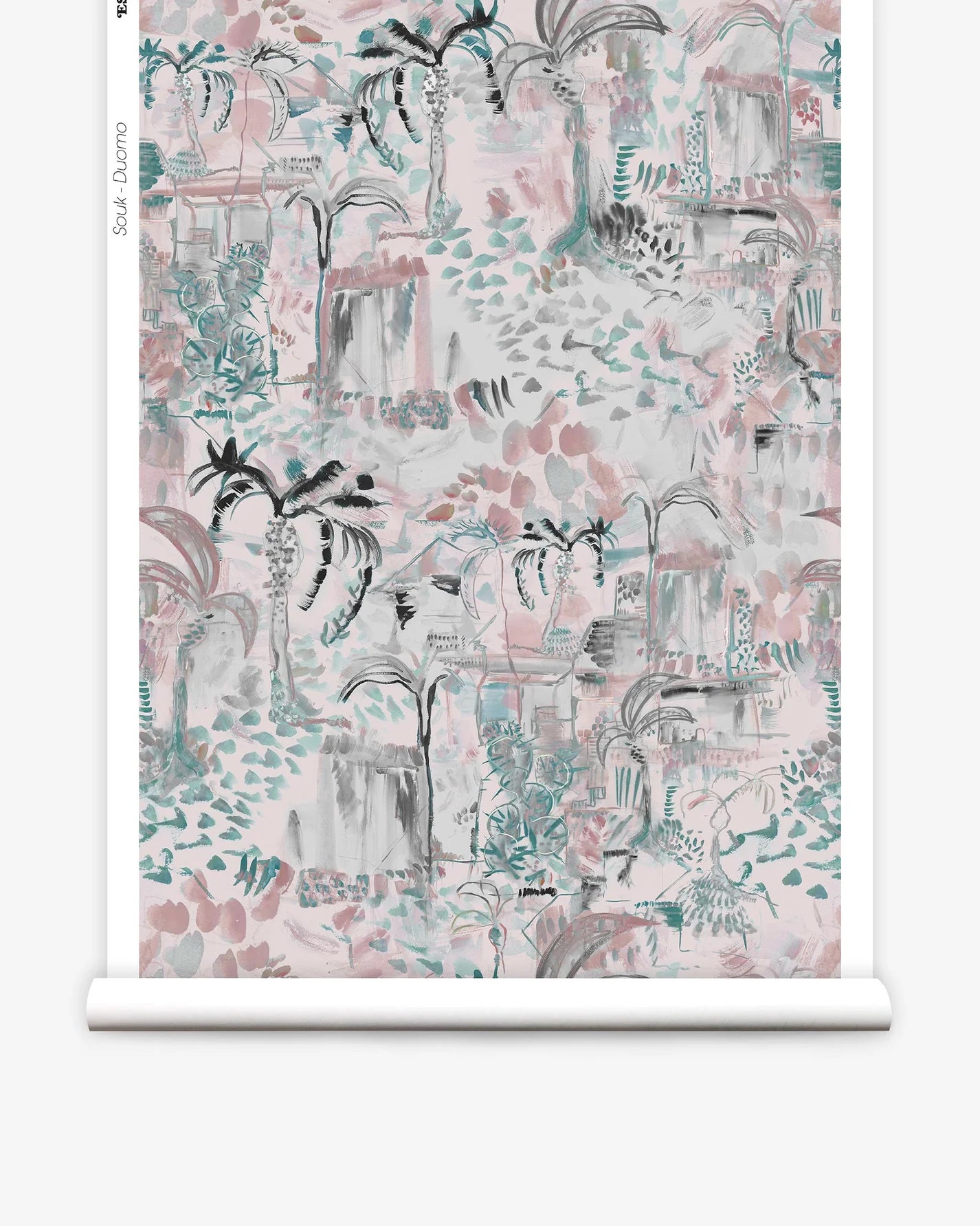 Partially unrolled wallpaper yardage in a painterly botanical print in shades of gray, pink and turquoise.