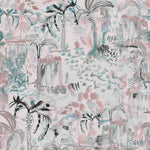 Detail of wallpaper in a painterly botanical print in shades of gray, pink and turquoise.