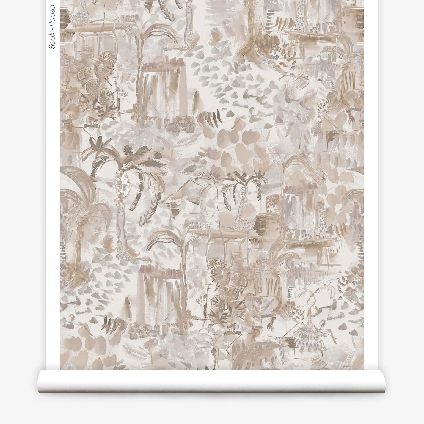 Partially unrolled wallpaper yardage in a painterly botanical print in shades of gray, tan and cream.