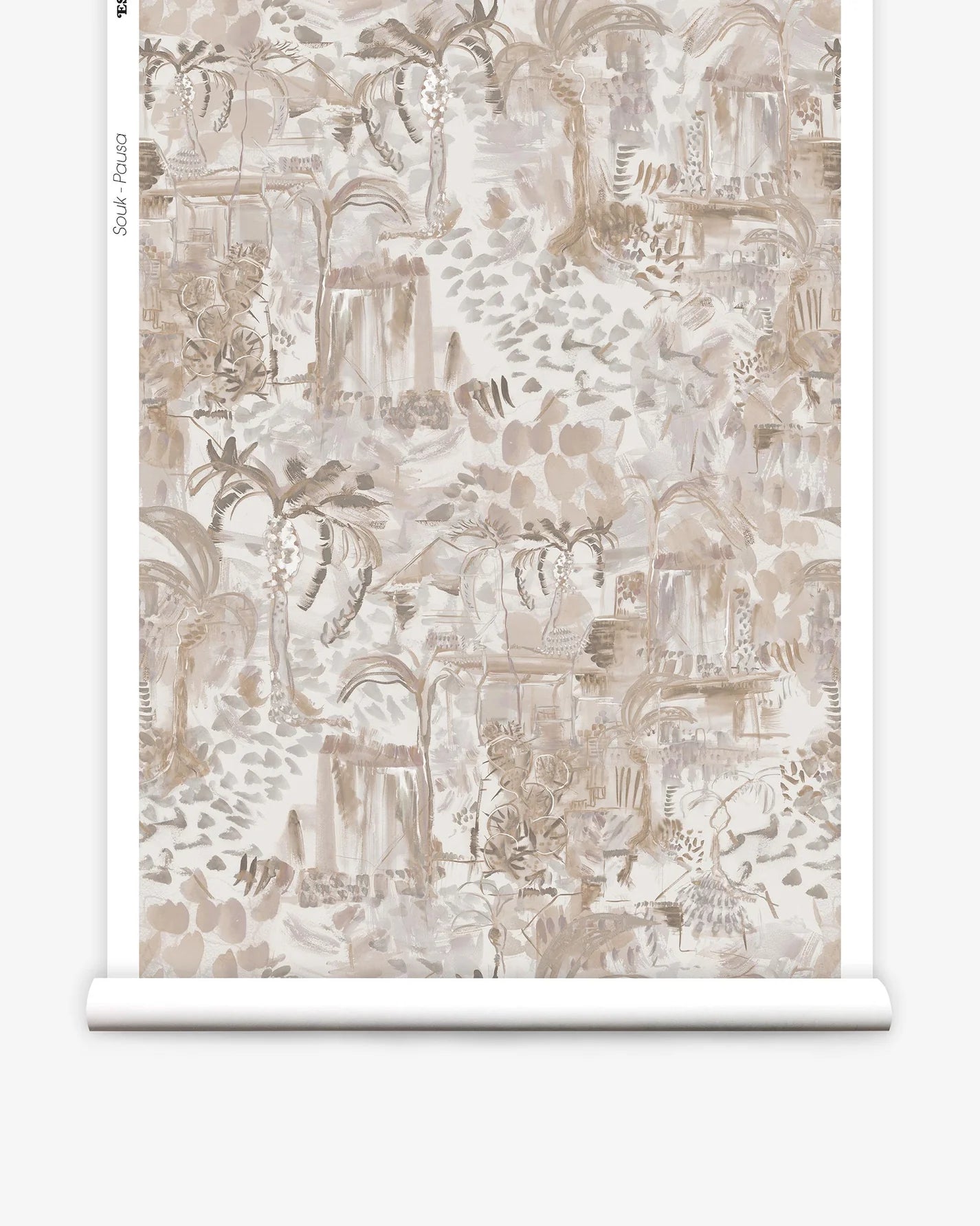 Partially unrolled wallpaper yardage in a painterly botanical print in shades of gray, tan and cream.