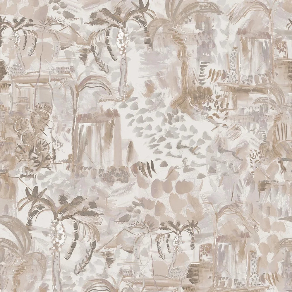 Detail of wallpaper in a painterly botanical print in shades of gray, tan and cream.