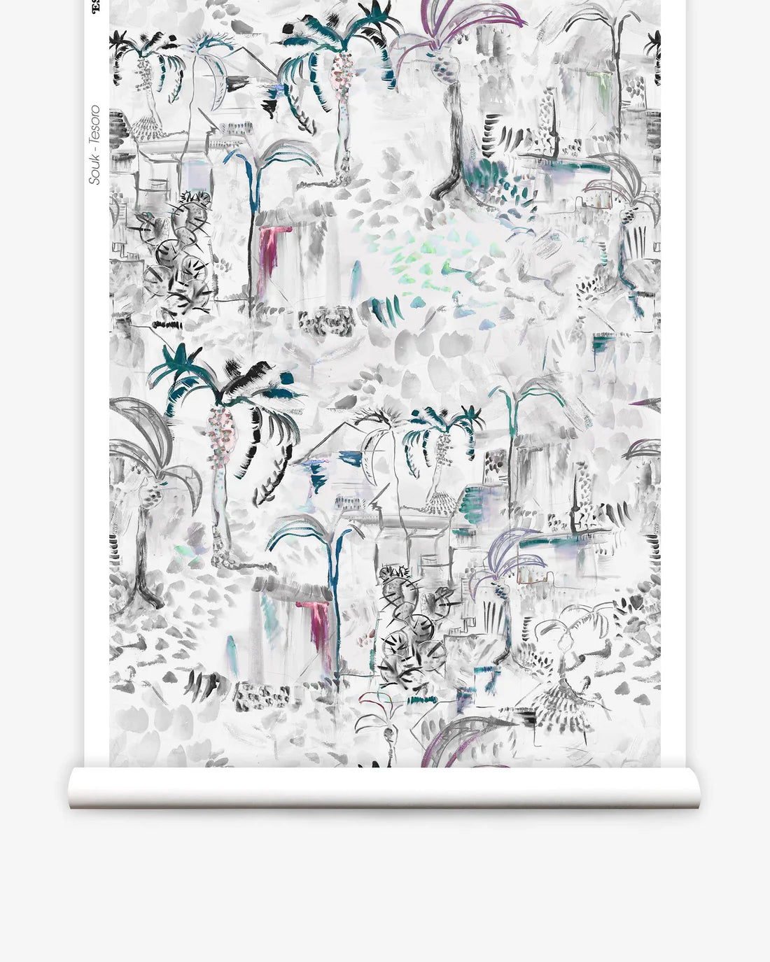 Partially unrolled wallpaper yardage in a painterly botanical print in shades of gray, white, turquoise and pink.