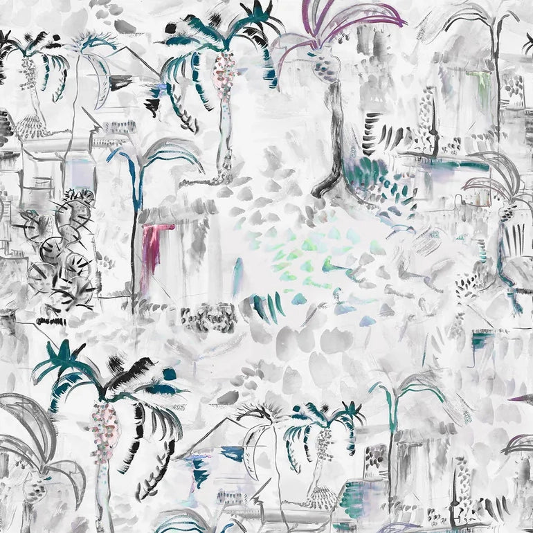 Detail of wallpaper in a painterly botanical print in shades of gray, white, turquoise and pink.