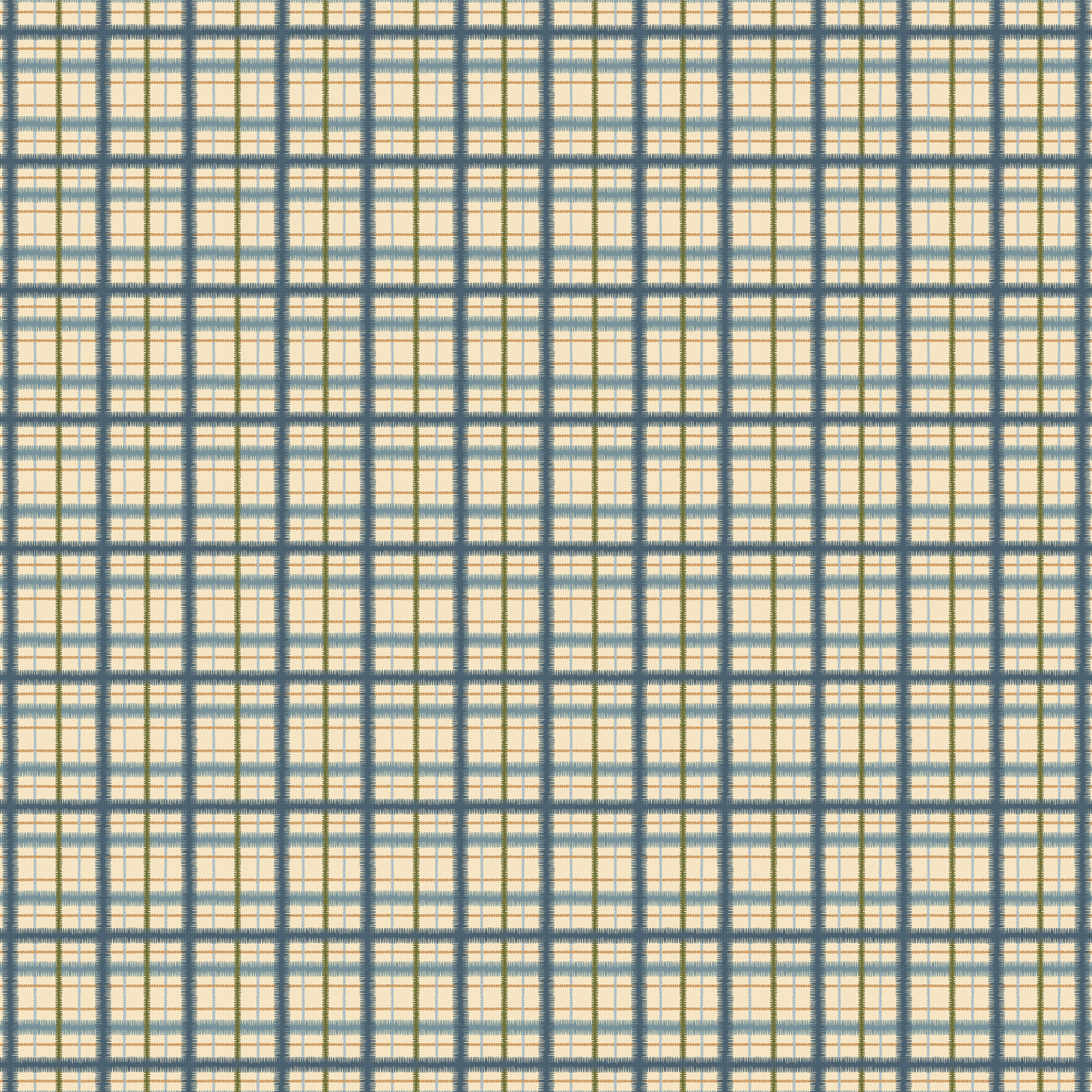 Scaled-out view of fabric in a squiggly check pattern in blue, green and gold on a light yellow field.