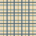 Detail of fabric in a squiggly check pattern in blue, green and gold on a light yellow field.