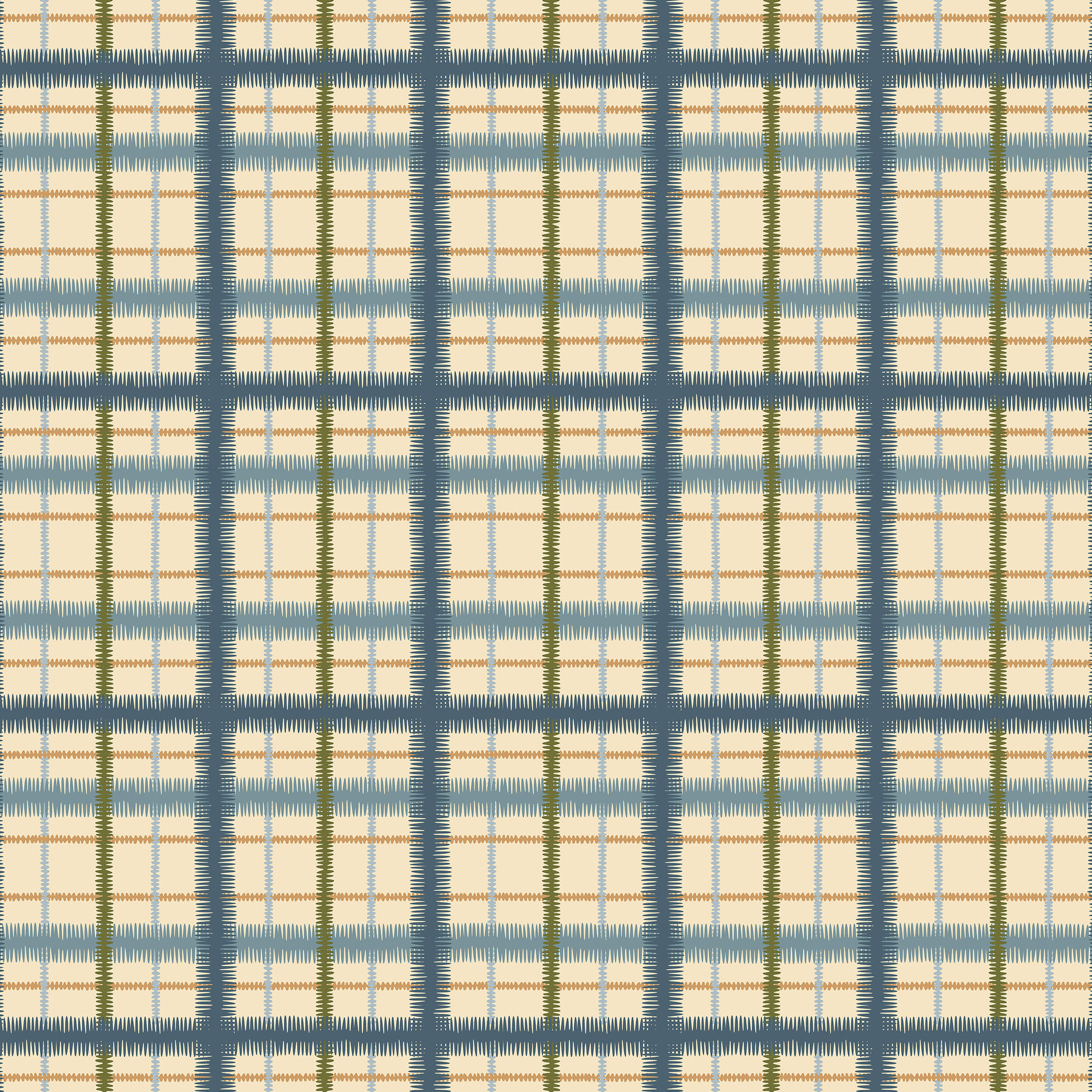 Detail of fabric in a squiggly check pattern in blue, green and gold on a light yellow field.