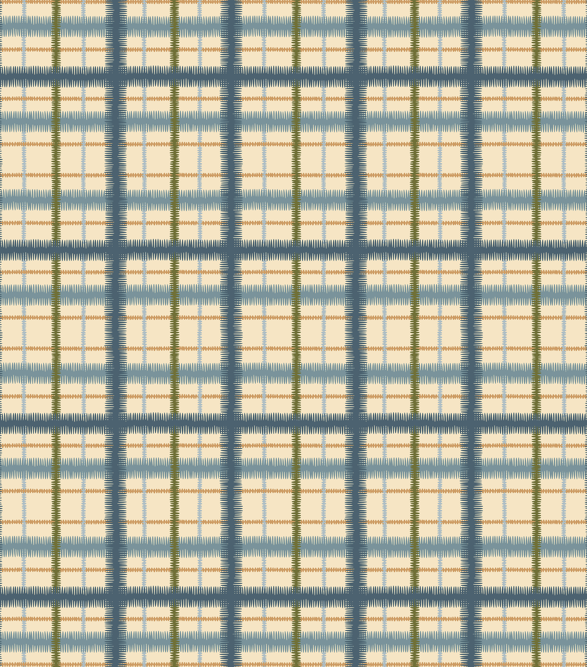 Detail of fabric in a squiggly check pattern in blue, green and gold on a light yellow field.