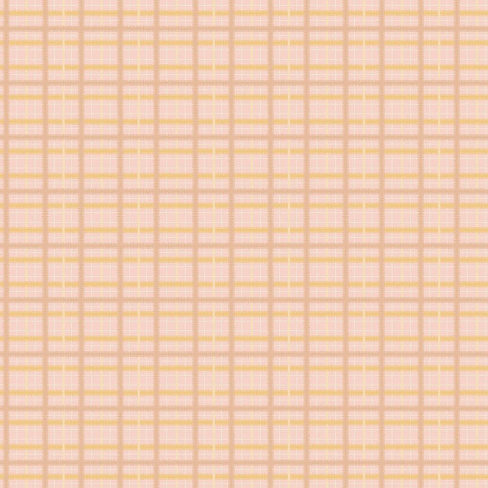 Scaled-out view of fabric in a squiggly check pattern in cream, brown and yellow on a pink field.