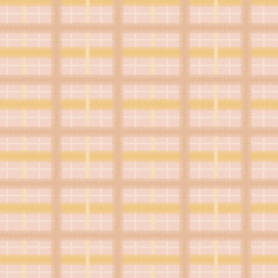 Detail of fabric in a squiggly check pattern in cream, brown and yellow on a pink field.