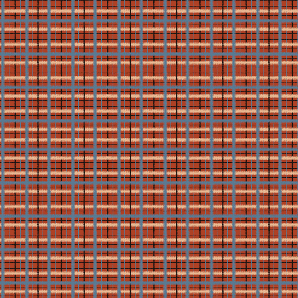 Scaled-out view of fabric in a squiggly check pattern in blue, cream and black on a red field.