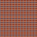 Scaled-out view of fabric in a squiggly check pattern in blue, cream and black on a red field.