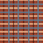 Detail of fabric in a squiggly check pattern in blue, cream and black on a red field.