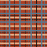 Detail of fabric in a squiggly check pattern in blue, cream and black on a red field.