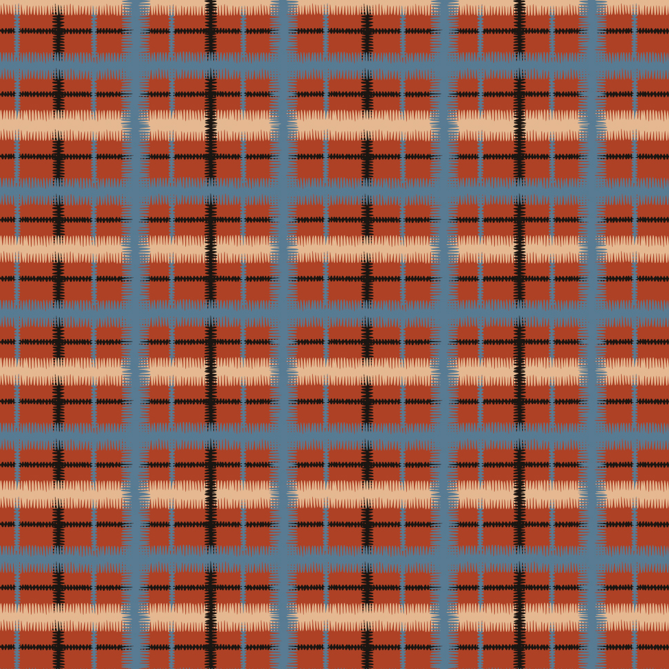 Detail of fabric in a squiggly check pattern in blue, cream and black on a red field.