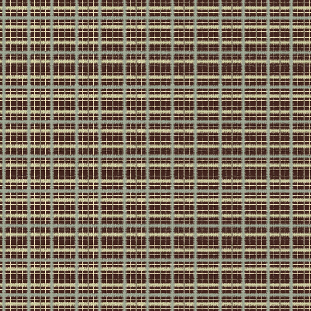 Scaled-out view of fabric in a squiggly check pattern in blue, green and cream on a brown field.