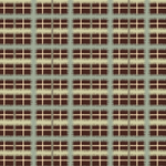 Detail of fabric in a squiggly check pattern in blue, green and cream on a brown field.