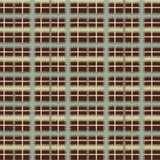 Detail of fabric in a squiggly check pattern in blue, green and cream on a brown field.