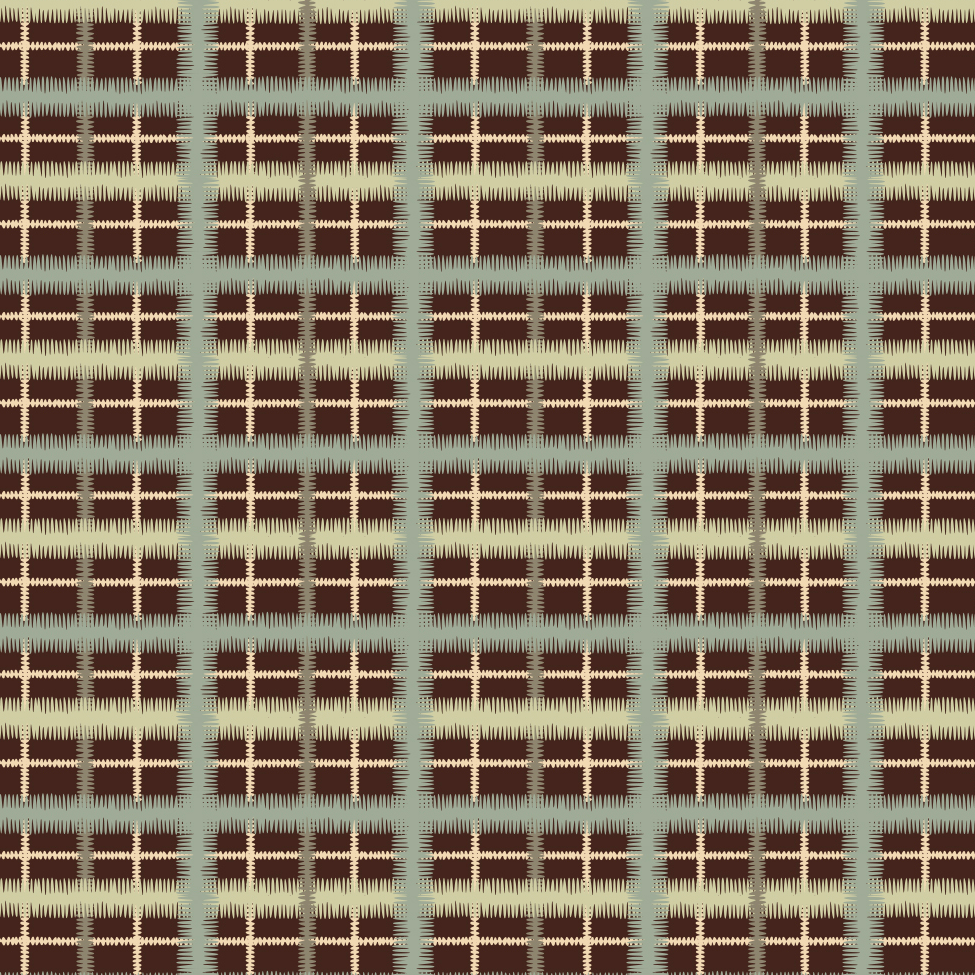 Detail of fabric in a squiggly check pattern in blue, green and cream on a brown field.