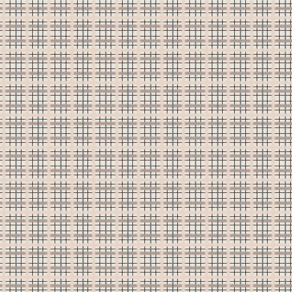 Scaled-out view of wallpaper in a squiggly check pattern in pink, blue and brown on a light blue field.